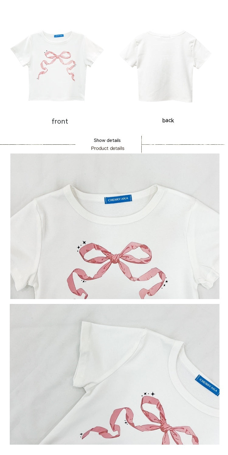 Round Neck Retro Bow Cotton Short-sleeved T-shirt For Women