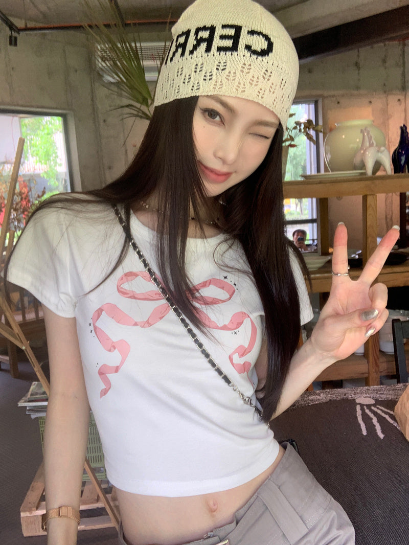 Round Neck Retro Bow Cotton Short-sleeved T-shirt For Women