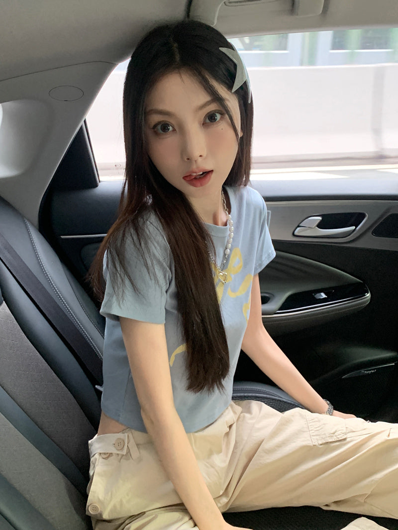 Round Neck Retro Bow Cotton Short-sleeved T-shirt For Women