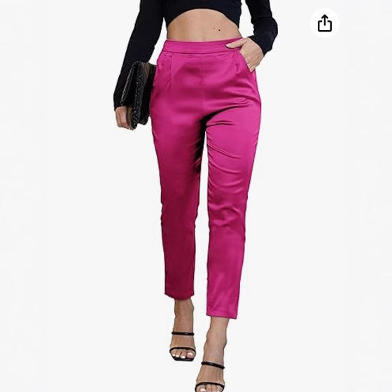 Women's Comfortable Pocket Straight High Waist Acetate Pants