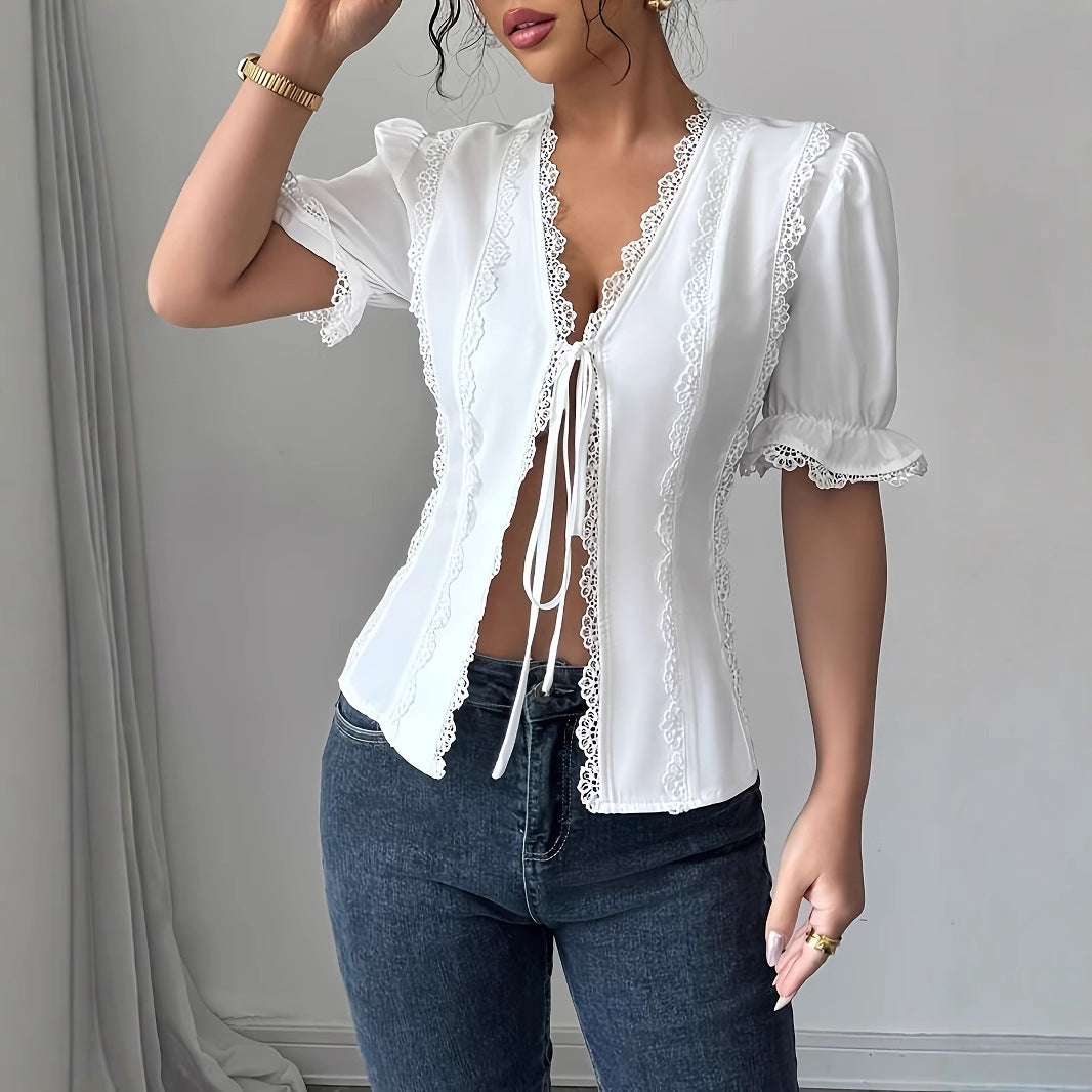 Women's Casual Short Sleeved V-neck Lace Up Pleated Patchwork Solid Color Shirt
