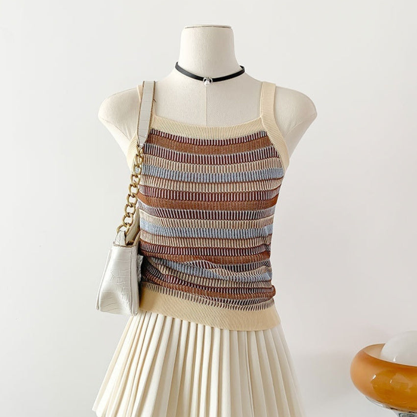 Knitted Inner Match Striped Spaghetti Straps Small Vest Outer Wear