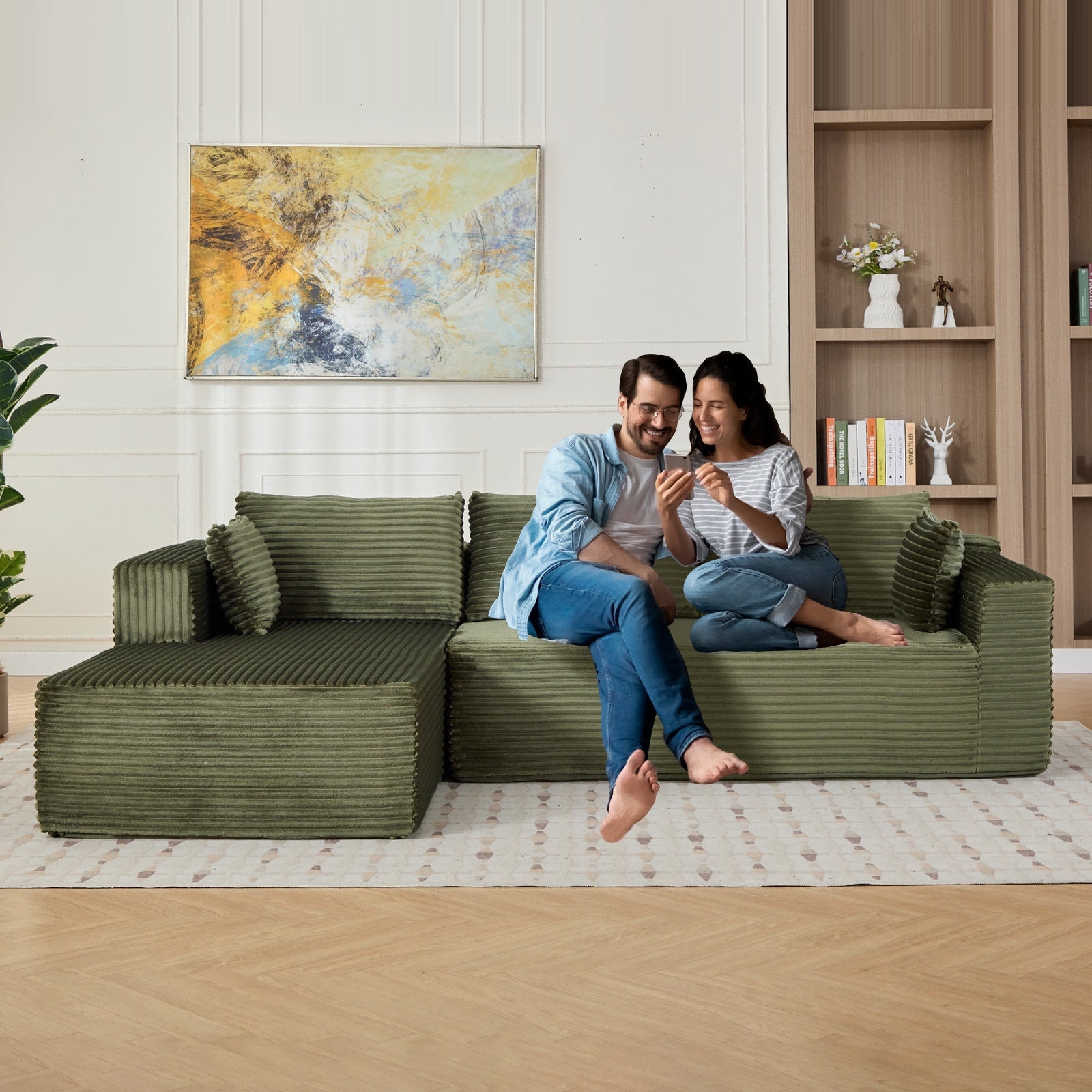 L-Shaped Compression Sofa Bed With Corduroy Fabric - Convertible Sectional Sofa, Foldable Floor Couch Sleeper, Space-Saving Flannel-Like Lounge