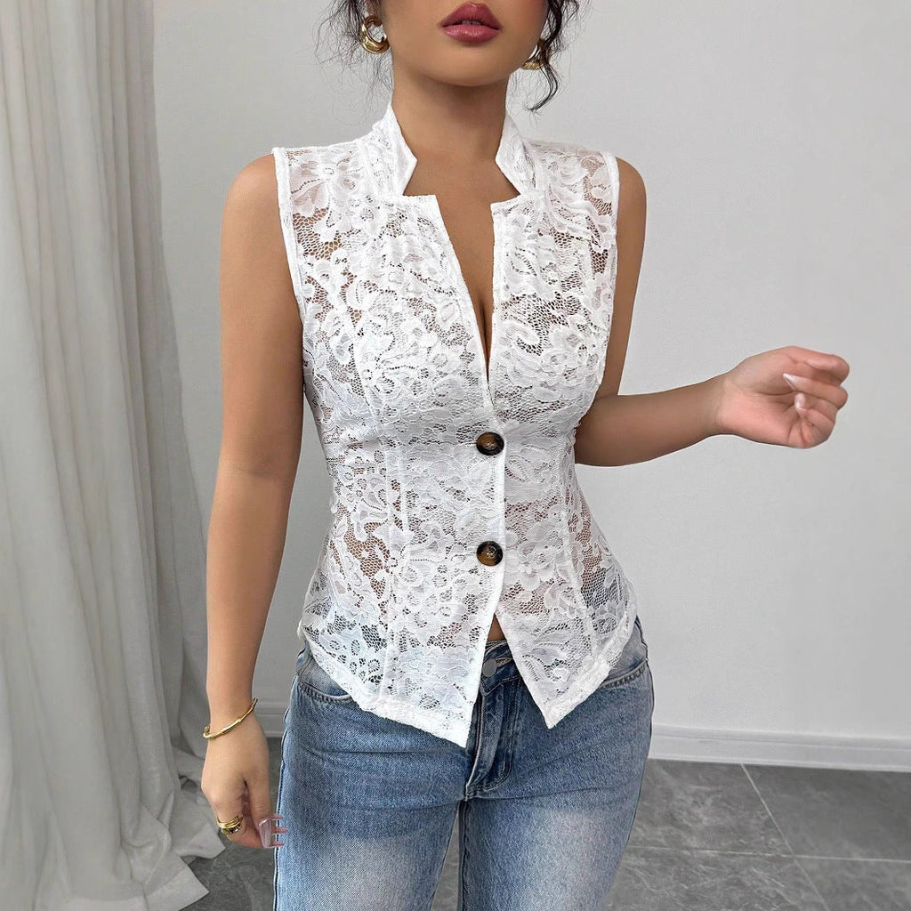 Sexy Young Hollow Chest Jacquard Design See-through Lapel Skinny Lace Top