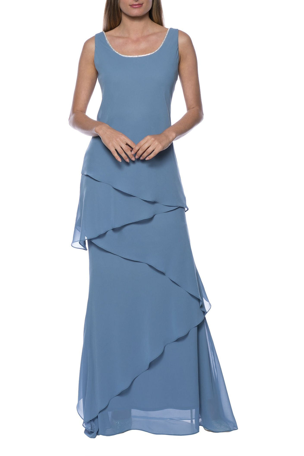 Marina  Tiered Solid Chiffon Dress with Matching Jacket Set