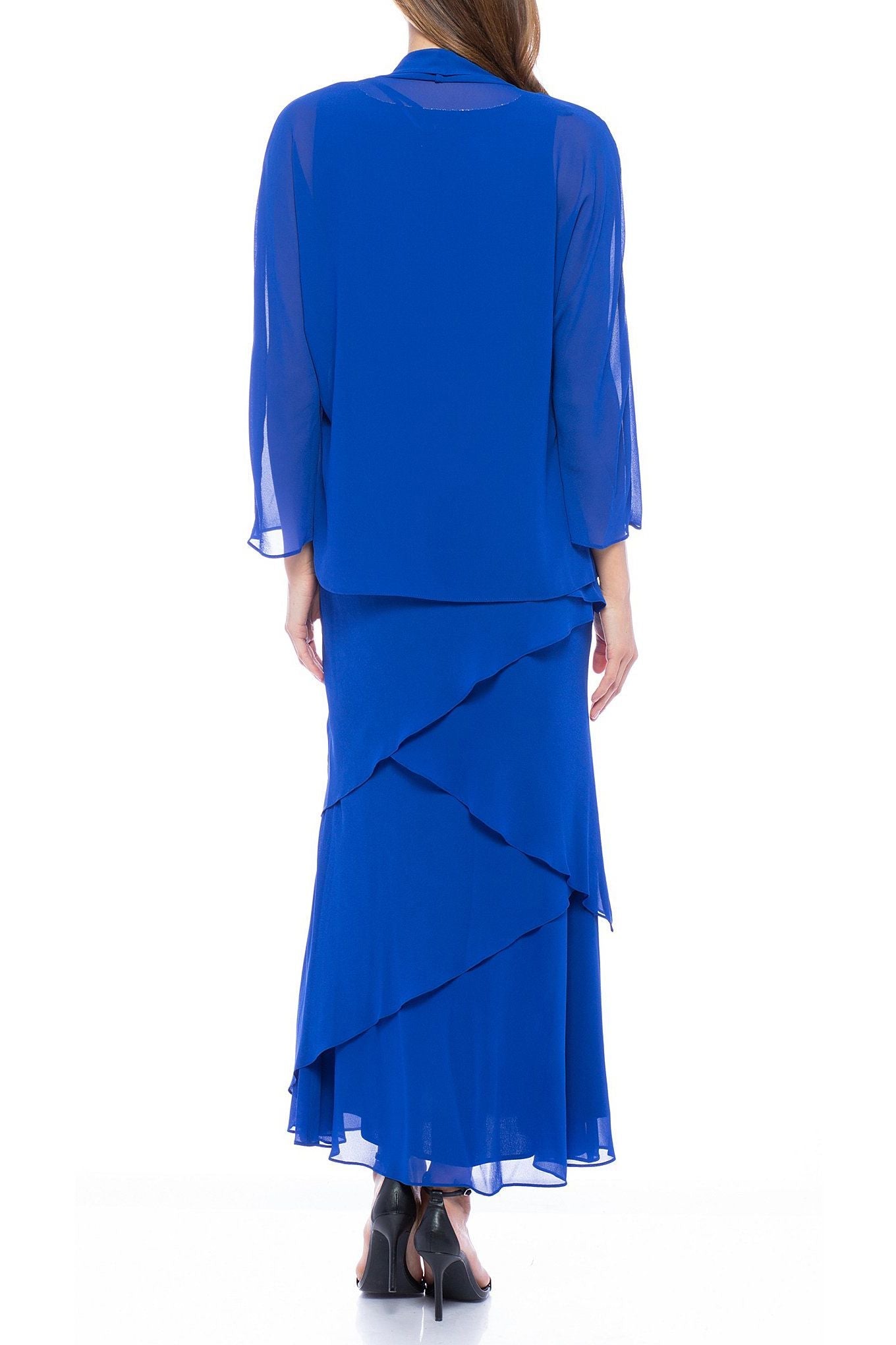 Marina  Tiered Solid Chiffon Dress with Matching Jacket Set
