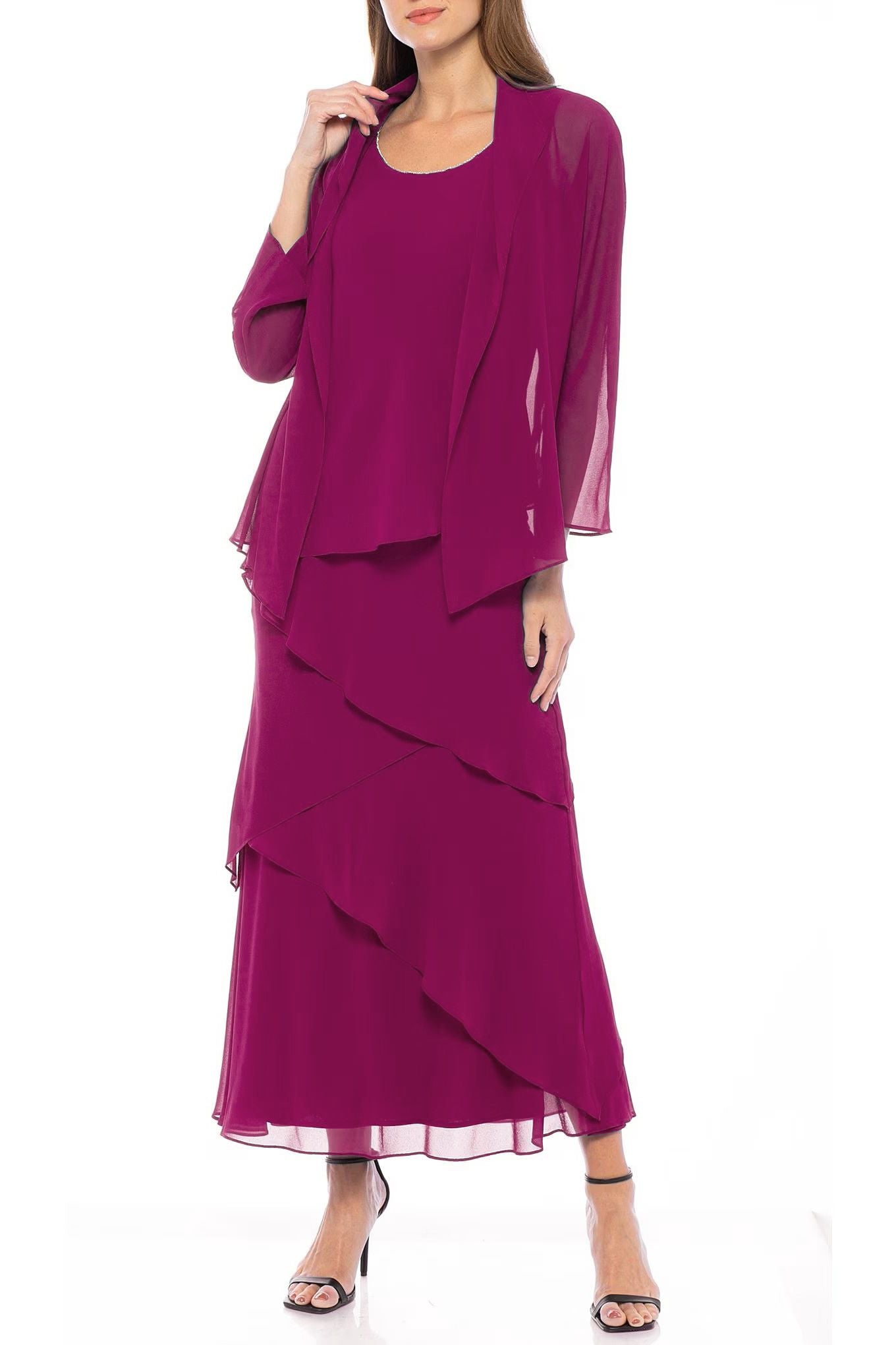 Marina  Tiered Solid Chiffon Dress with Matching Jacket Set