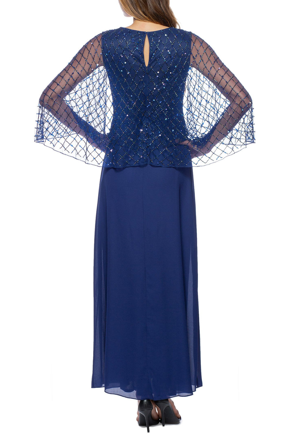 Marina  Long Sleeve Beaded Capelet Chiffon Dress