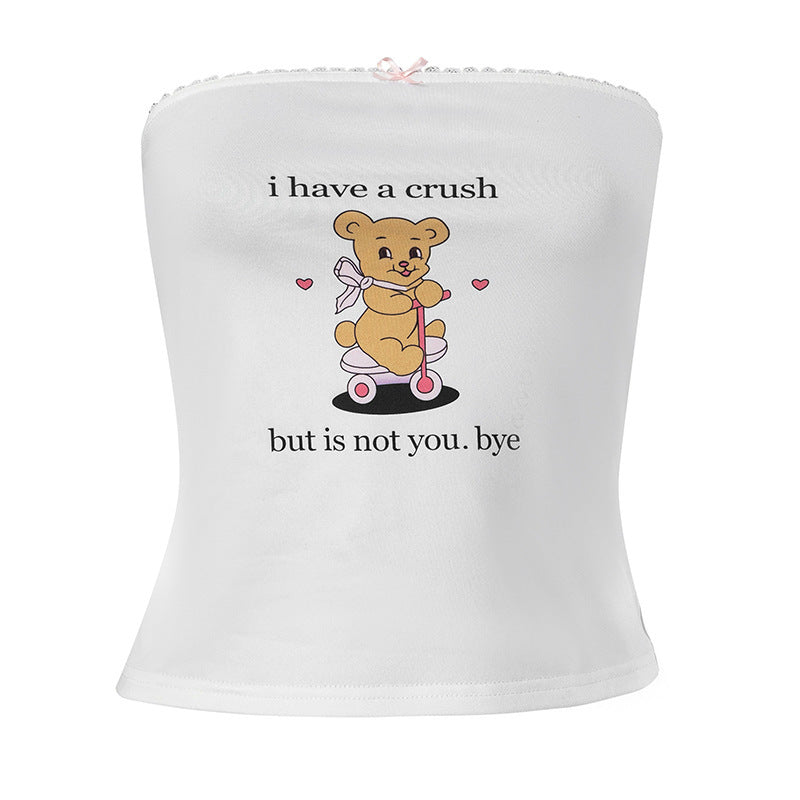 Women's Cute Fashion Bear Letter Print Bow Lace-collared Blouse