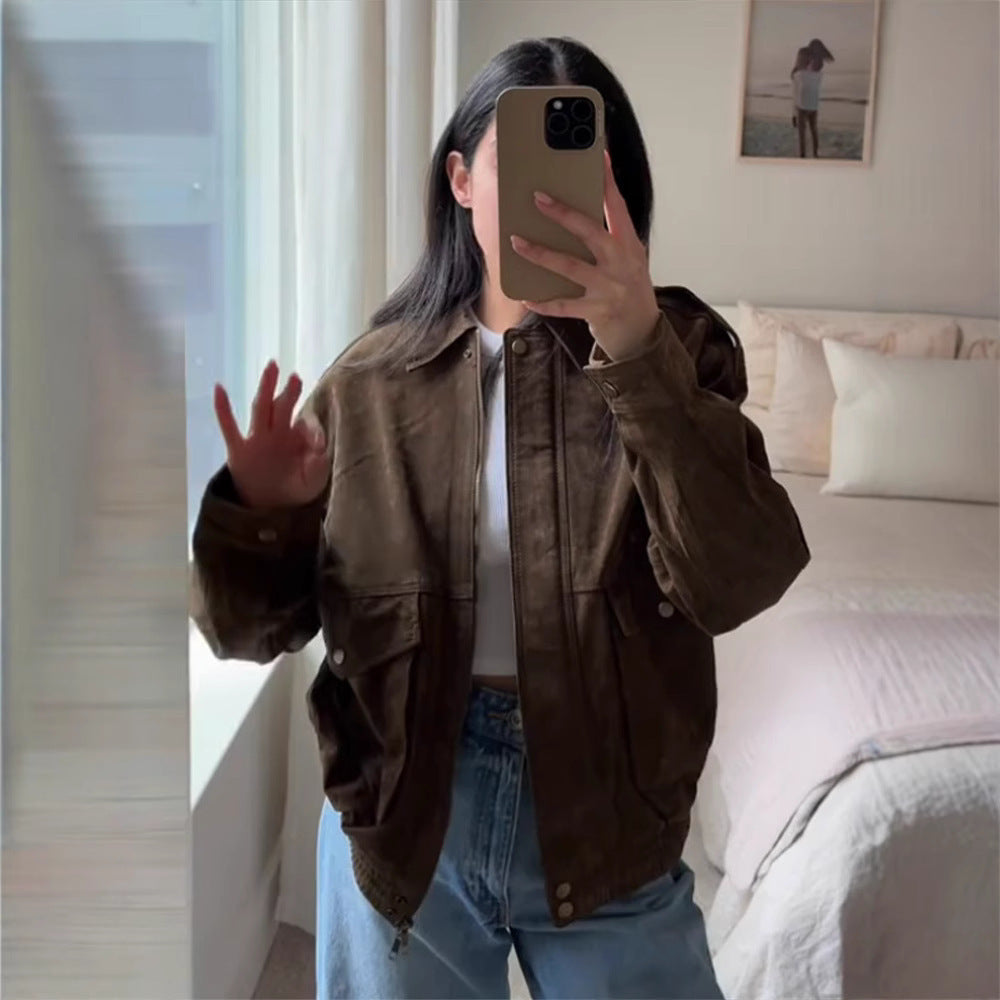 Women's Spring Clothing Personality Retro Suede Fabric Jacket Short Coat