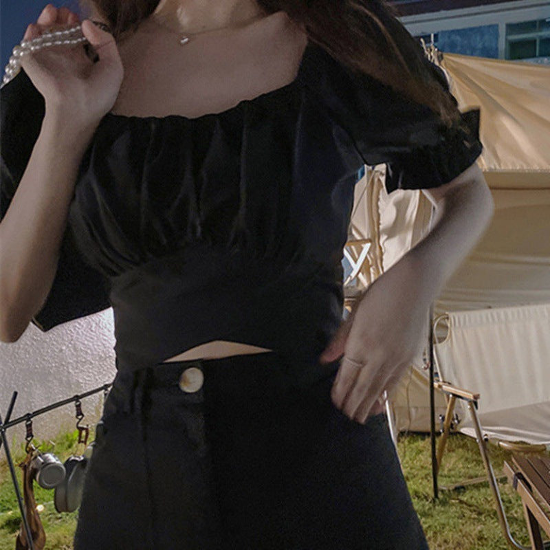 Puff Sleeve Bow Tie French Short Top Women