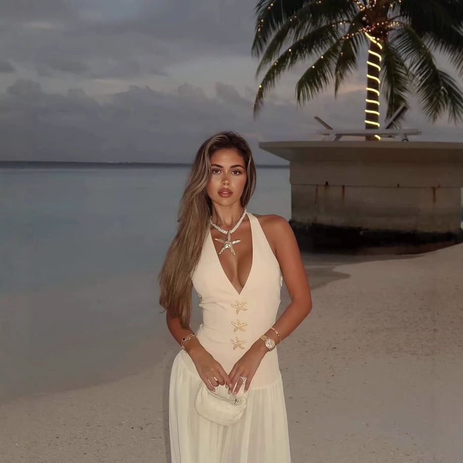 Halter Lace-up Deep V Sexy Girdle Backless Dress