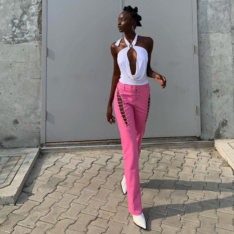 Women's High Waist Hollow-out Strap Straight Ankle Tied Leather Pants