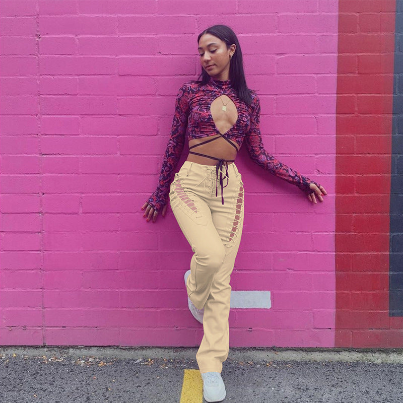 Women's High Waist Hollow-out Strap Straight Ankle Tied Leather Pants