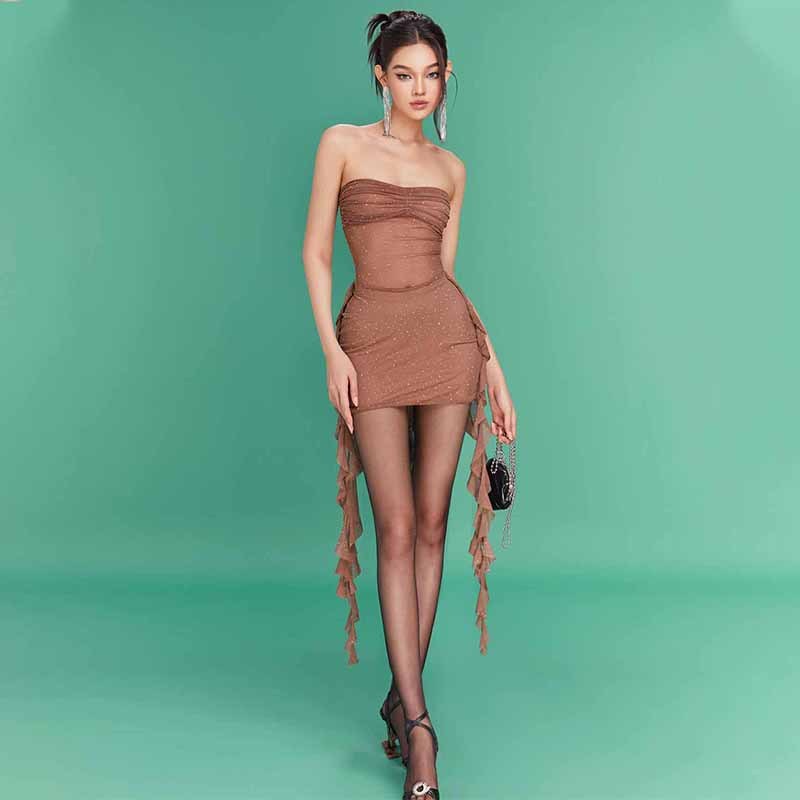Starry Hot Rhinestone Tube Top Ribbon Mesh See-through Dress Women