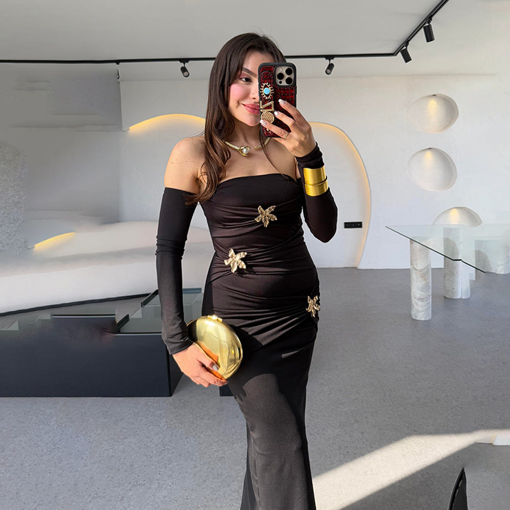 Women's Pleated Long-sleeved Dress Fashionable Slim Dress