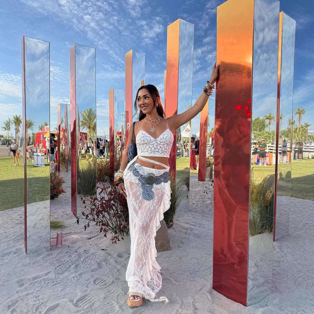 Ruffled Flared Sleeve Lace Navel Sexy Transparent Skirt