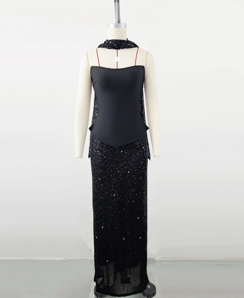 Elegant Scarf Bandage Dress Half-length Sequin Dress Suit