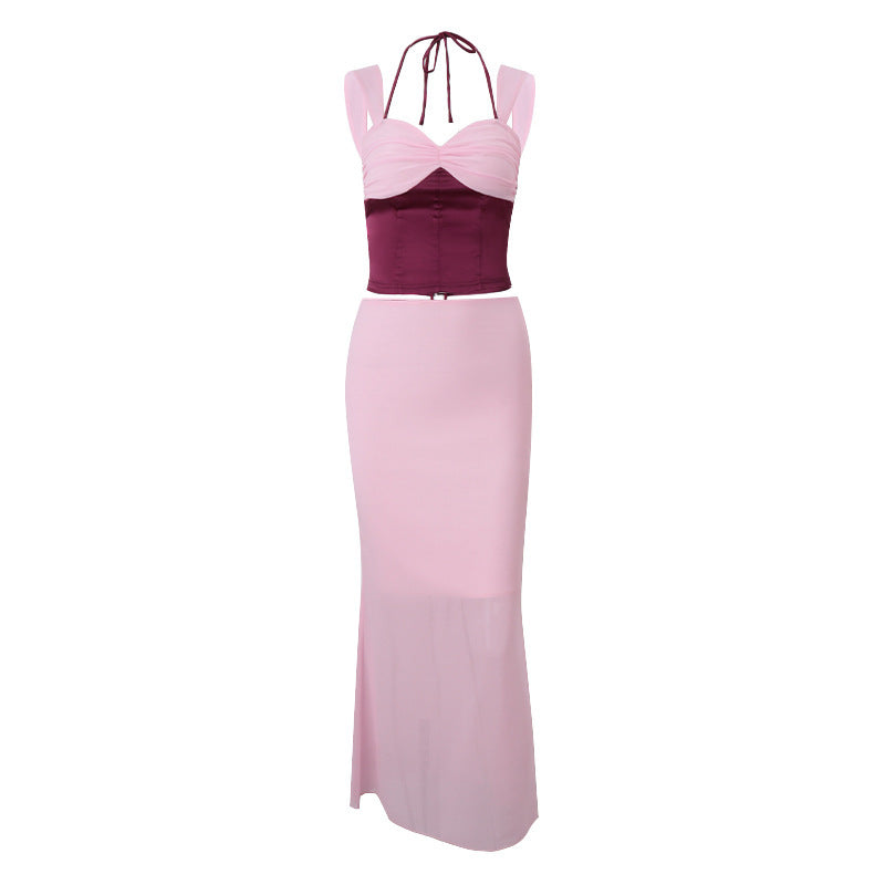 Sexy Hot Girl Crop-top Spaghetti-strap Top Slim Hip Skirt Suit Women