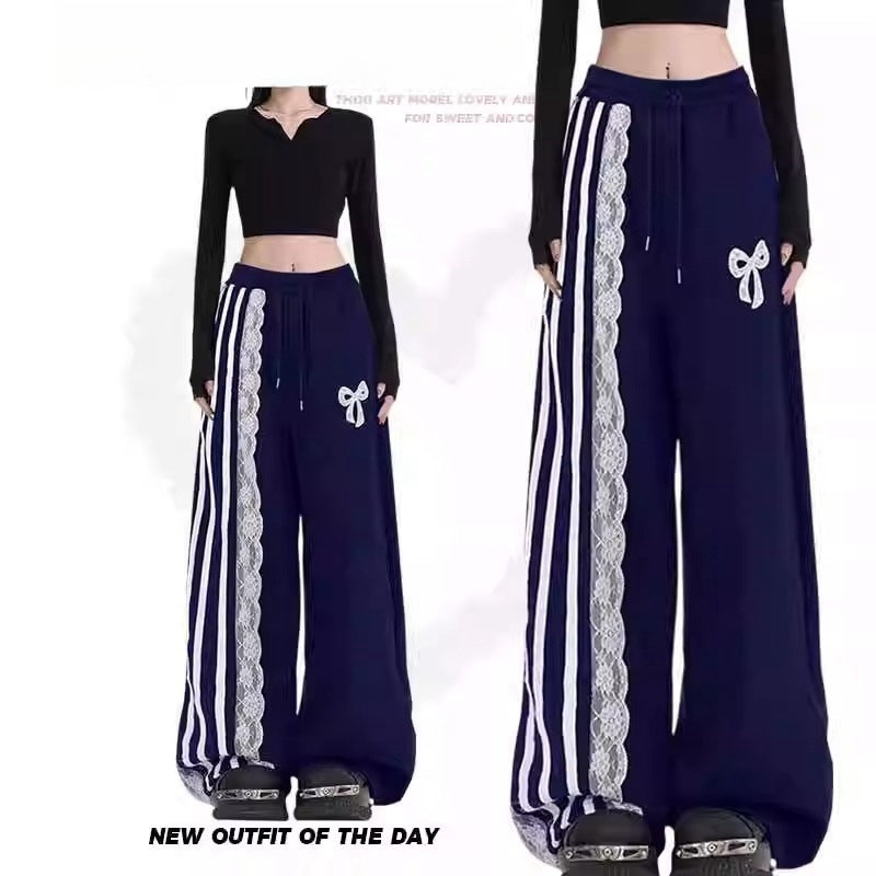 Striped Loose Blue Lace Bow Sports Pants Female