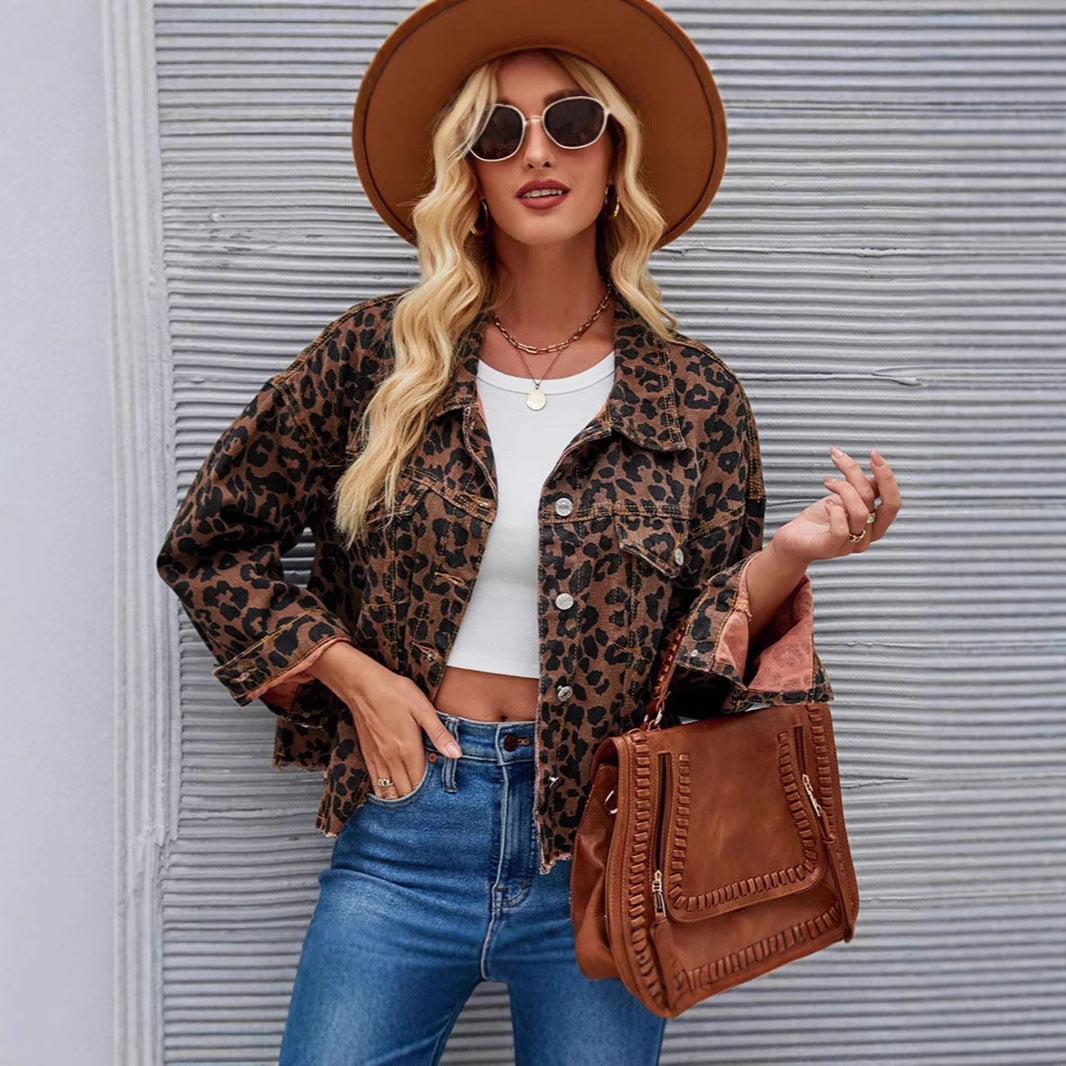 Women Animal Print Frayed Button Short Denim Coat