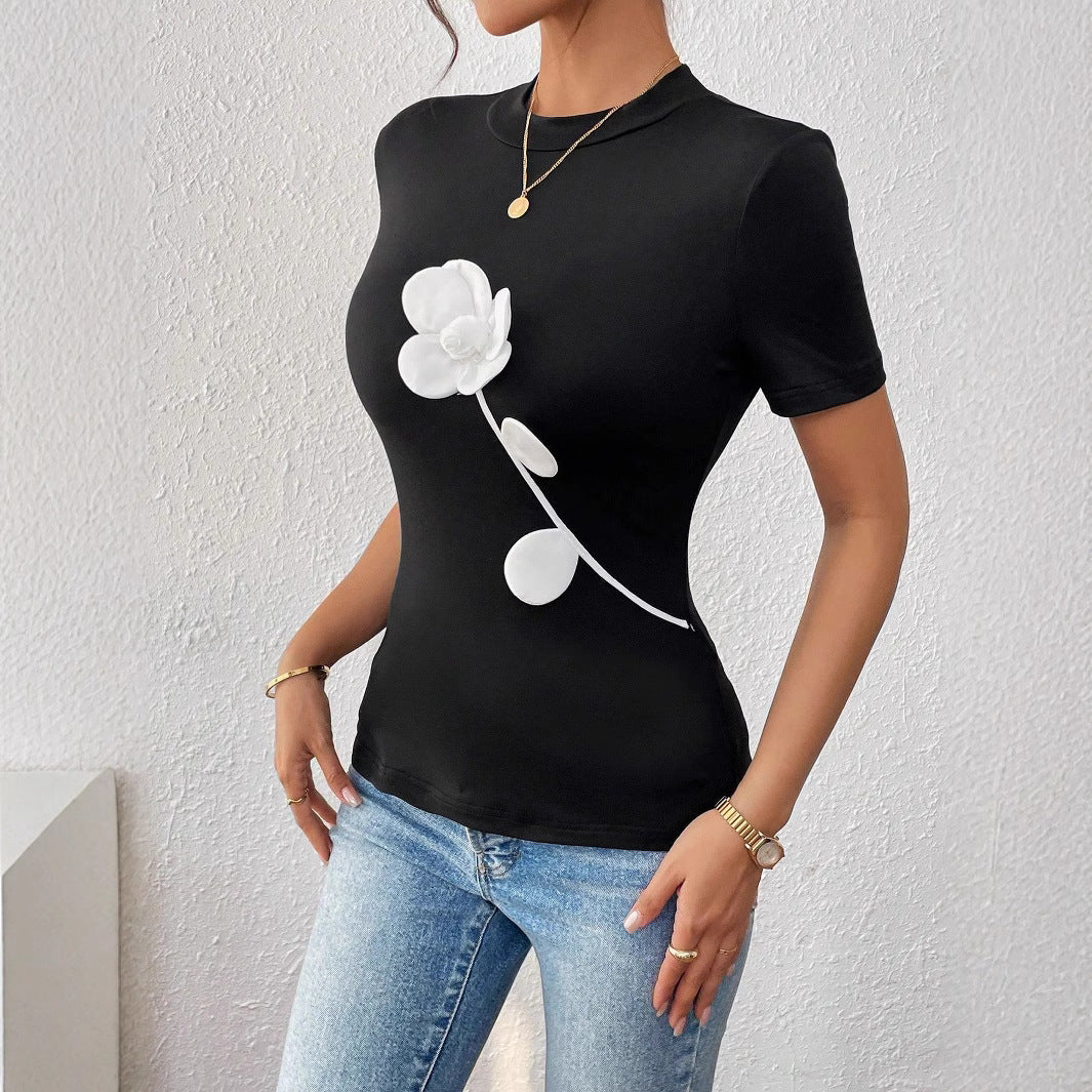 Ladies Contrast Color 3D Floral Embroidered Slim Short Sleeve