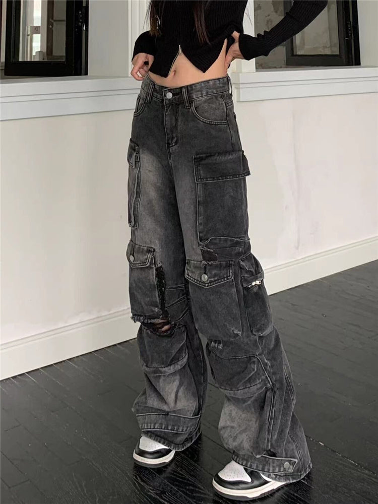 Street Multi-pocket Workwear Jeans For Women