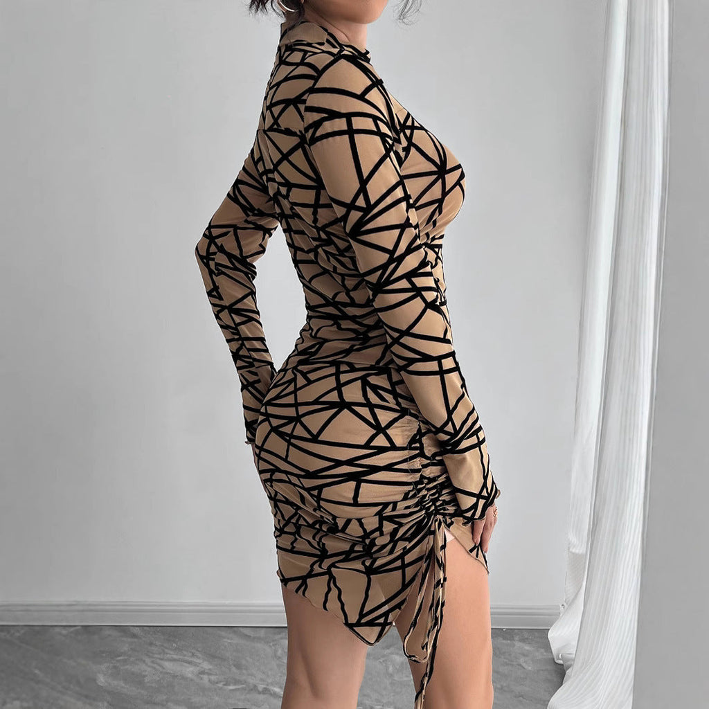 Slim-fit Side Drawstring Stand-up Collar Long-sleeved Irregular Short Dress