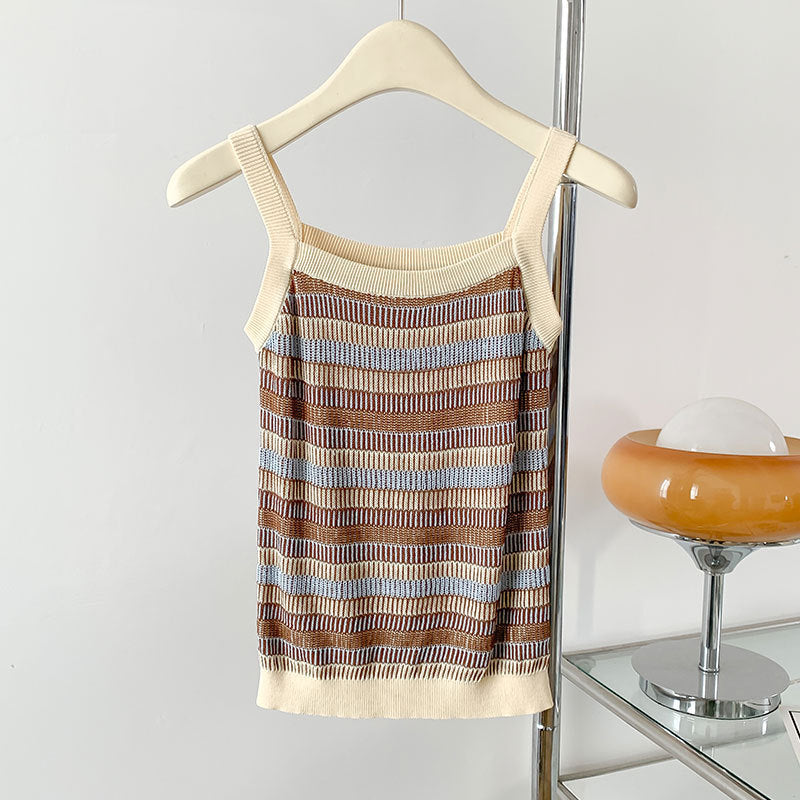 Knitted Inner Match Striped Spaghetti Straps Small Vest Outer Wear