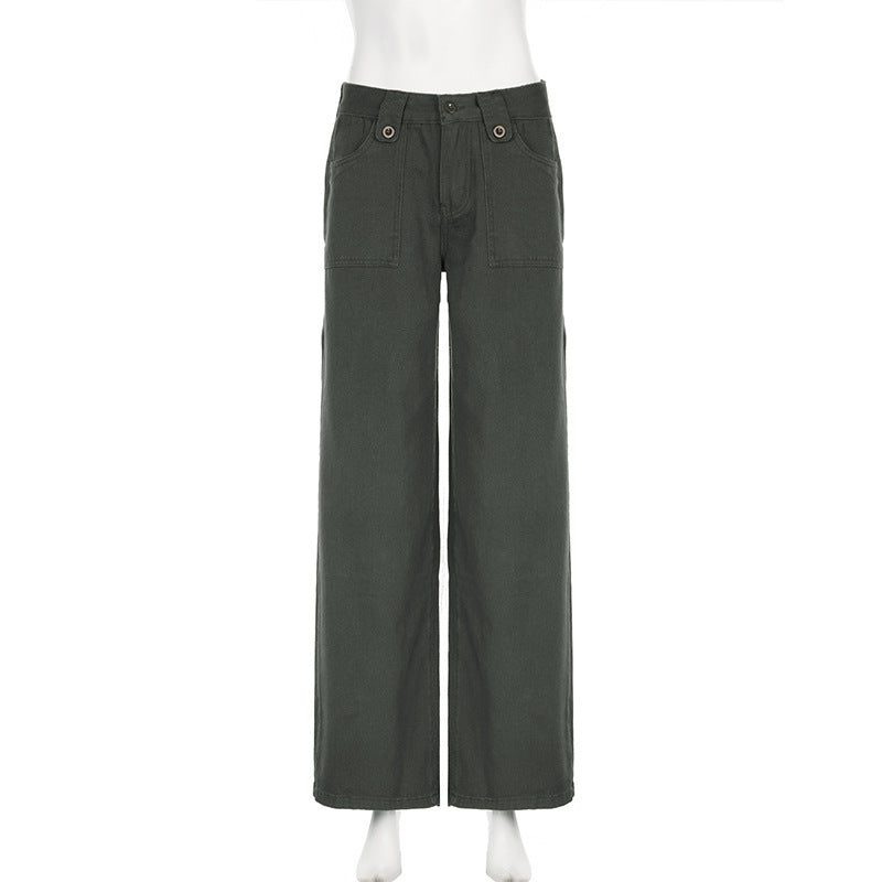Street Pocket High Waist Work Clothes Straight-leg Pants Women