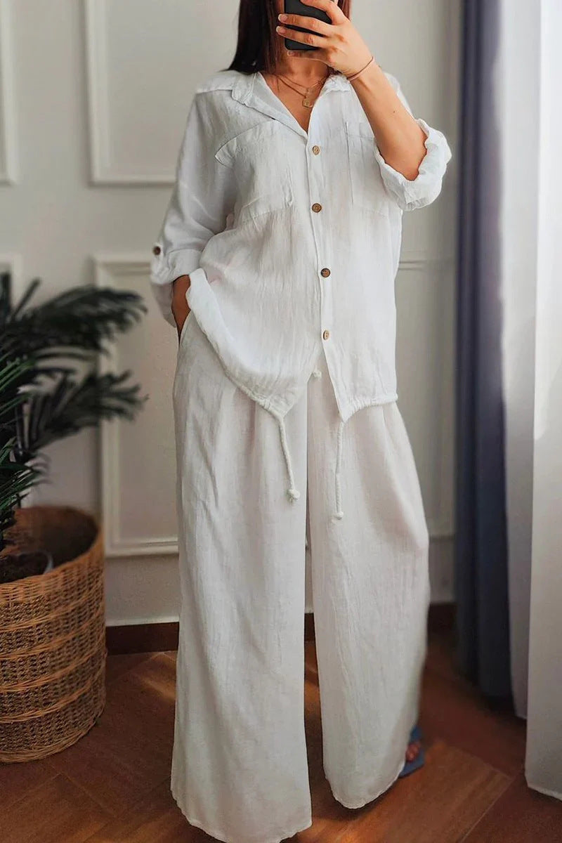 Women's Baggy Cotton And Linen High-waisted Suit With Buttons