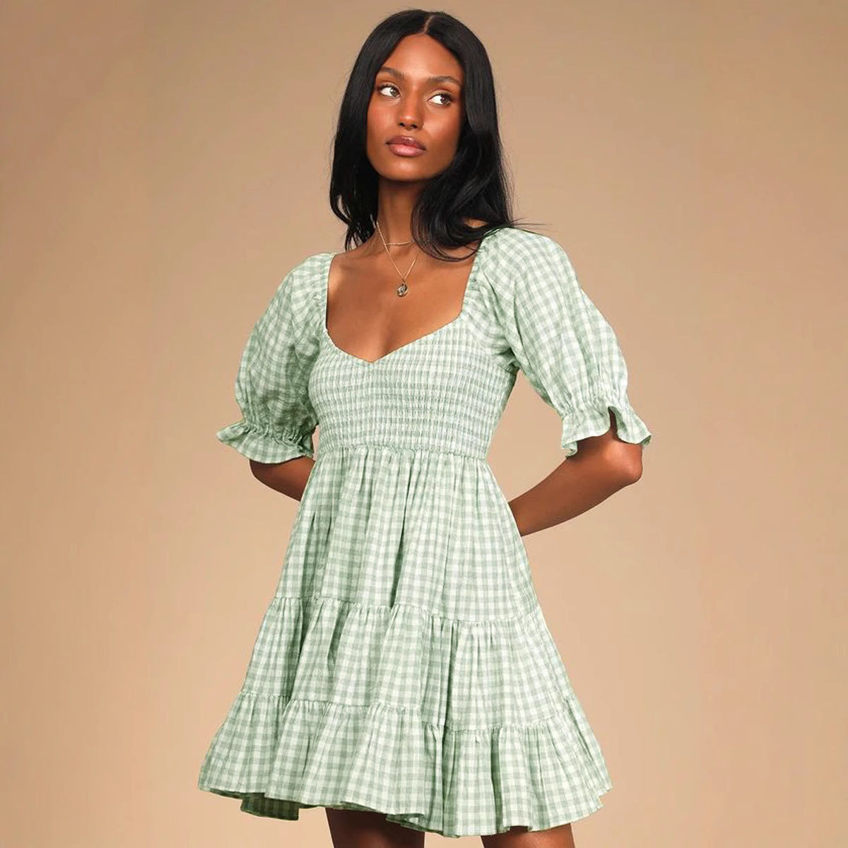 Square Collar Short Sleeve Plaid High Waist Dress
