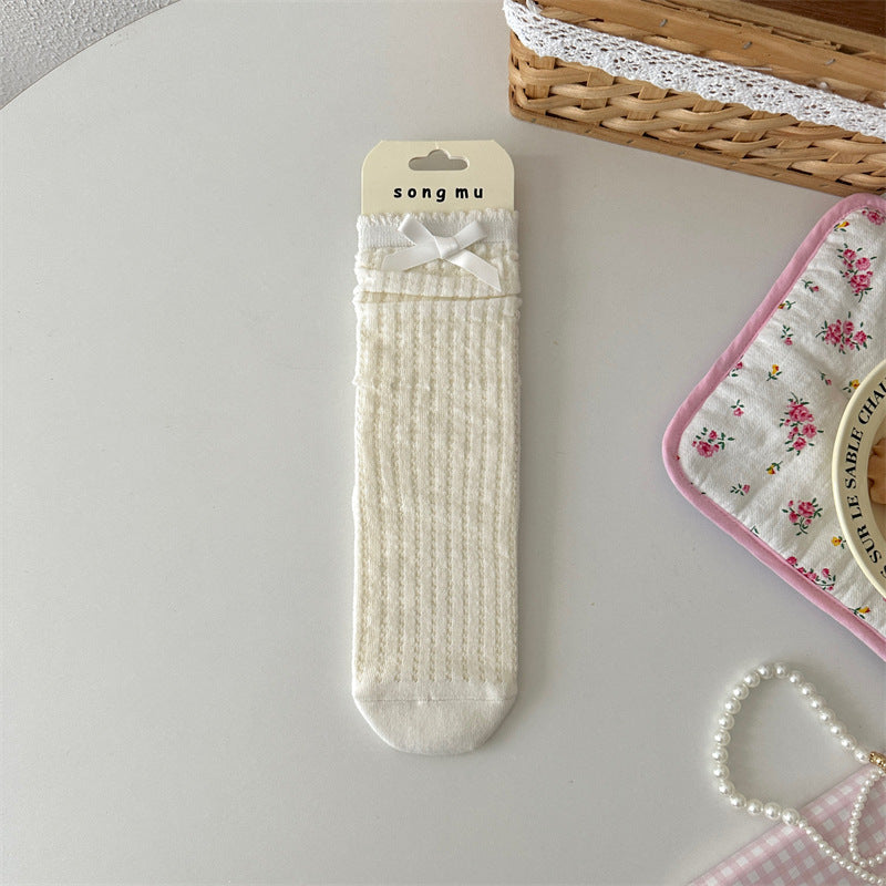 Thin Mesh Hollow Out Bow Mid-calf Length Loose Socks Breathable Sweat Absorbing