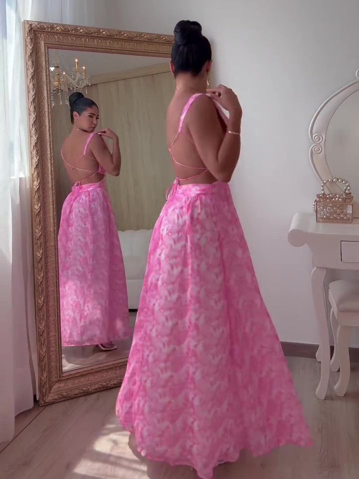 Pink  Print Backless Sleeveless Dress