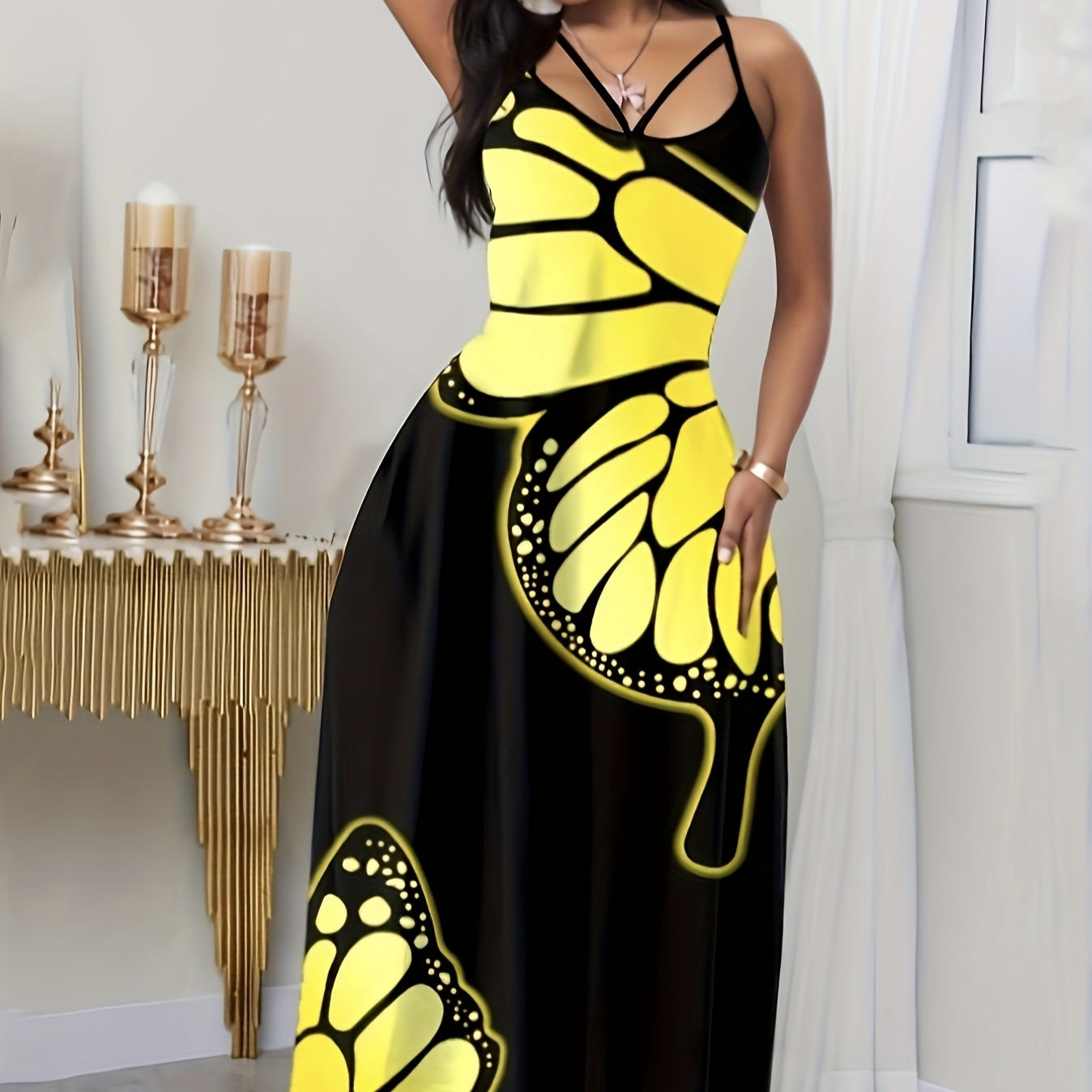 Ladies' V-neck Fashionable Butterfly Print Black Long Skirt Dress