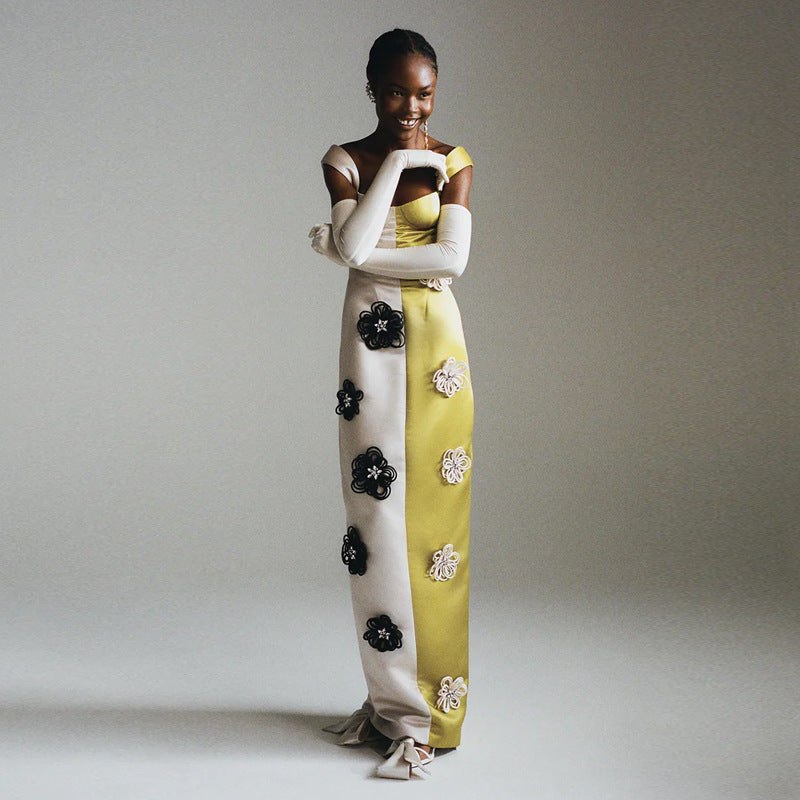 Color-blocking Flower Bandage One-piece Dress Women's French Style