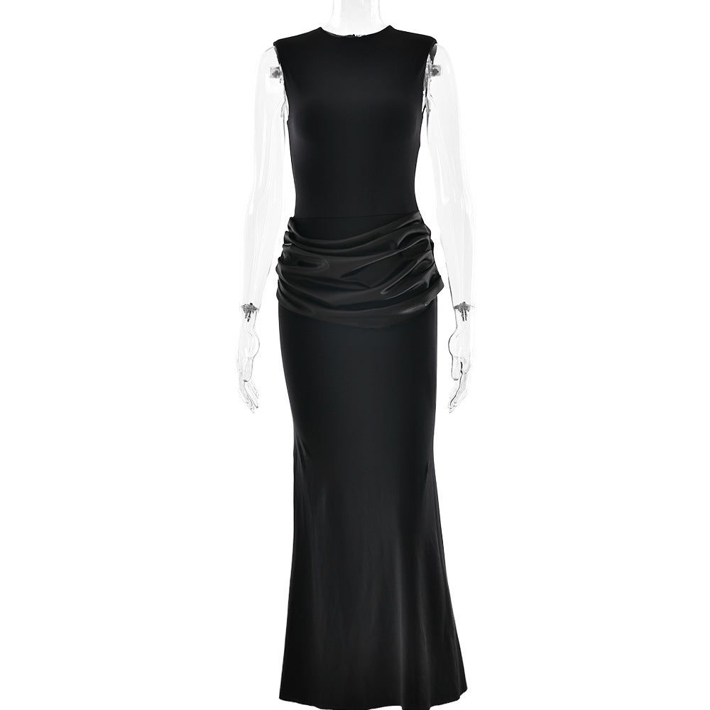 Elegant Slim Sleeveless Pleated Solid Color Dress