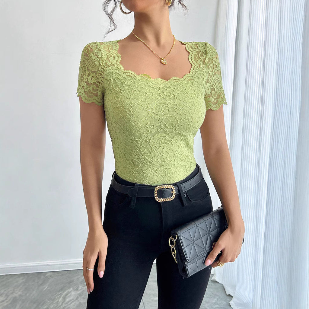 Lace Slim-fit Square Short-sleeved T-shirt