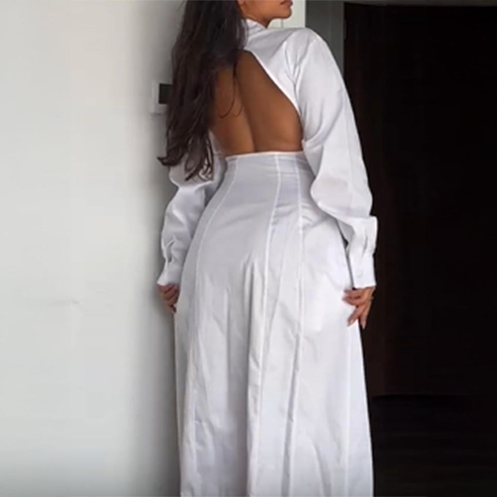 Sexy Backless Waist Trimming Solid Color Dress