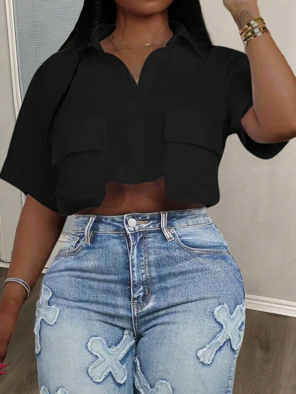 Women Casual Streetwear White Polo Collar Pocket Cropped Top