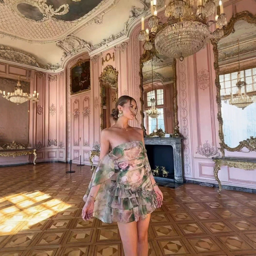 Chiffon Printed Ruffles Tube Dress