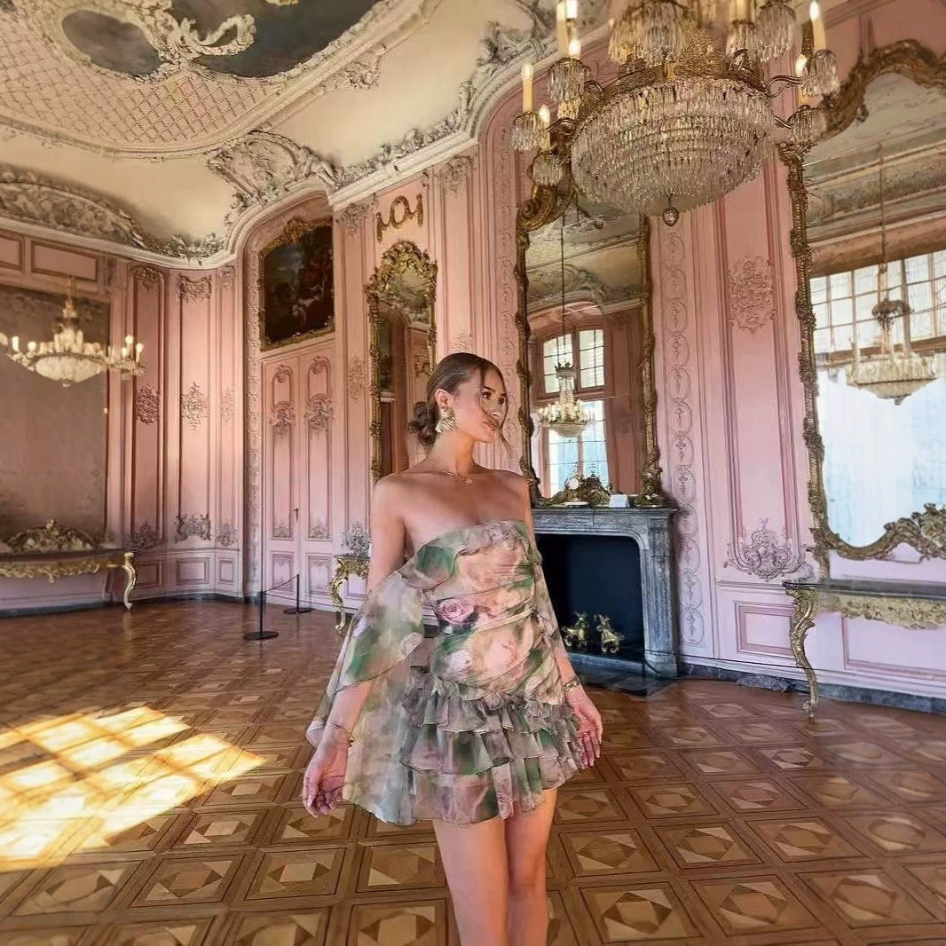 Chiffon Printed Ruffles Tube Dress