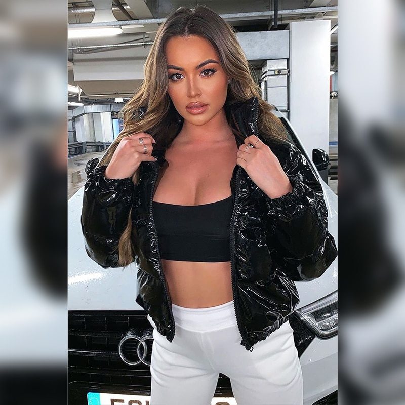 Faux PU Leather Y2K Bubble Puffer Winter Warm Jacket Women Coats Long Sleeve Outerwear Zipper Casual Slim Parkas