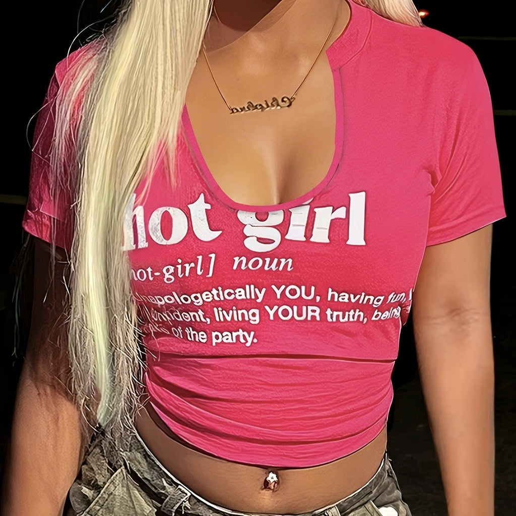 Women's U-neck Letter Printed Top, Casual And Fashionable T-shirt Top