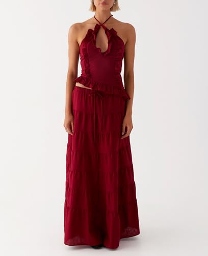 Womens 2 Piece Maxi Skirt Set Y2k Halter Ruched Cami Top Tiered Flowy Ruffle Skirt Outfit