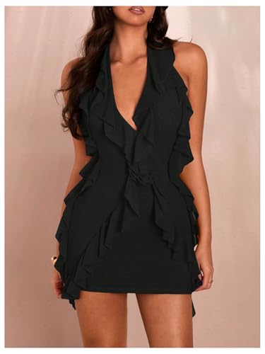 Women's 3D Floral Ruffle Trim Bodycon Mini Dresses Halter V Neck Sleeveless Cocktail Party Dresses