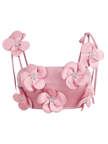 Women's 3D Floral Cami Crop Tops Tie Shoulder Spaghetti Strap Summer Tops Camisole