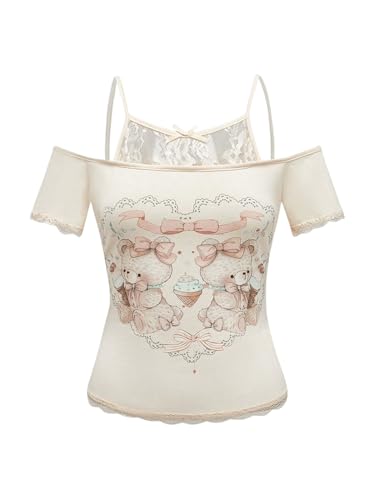 Women's Y2K Coquette Aesthetic Crop Tops Summer Kawaii Clothes Cute Lace Bow Cold Shoulder Graphic Tees