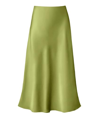 Women's Satin High Waist Hidden Elasticized Waistband Flared Casual A Line Midi Skirt
