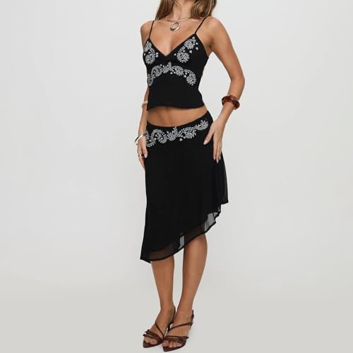 Midi-length Skirt Set for Women 2 Piece Outfit Boho Floral Print Crop Cami Sheer Mesh Irregular Midi Skirt Trendy